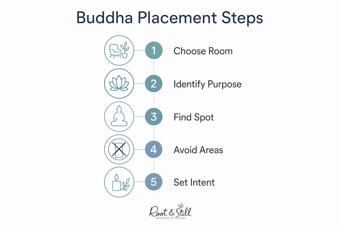 Infographic illustrating steps for Buddha statue placement in home