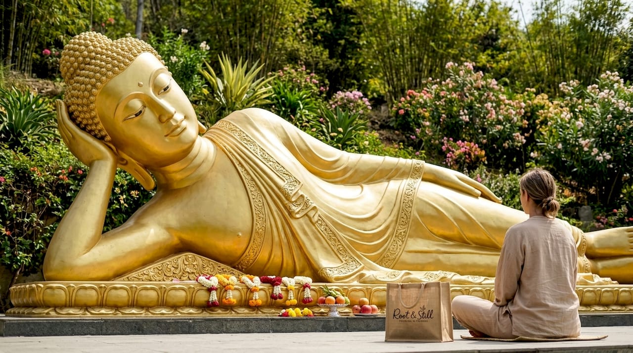 Golden reclining Buddha statue at temple courtyard