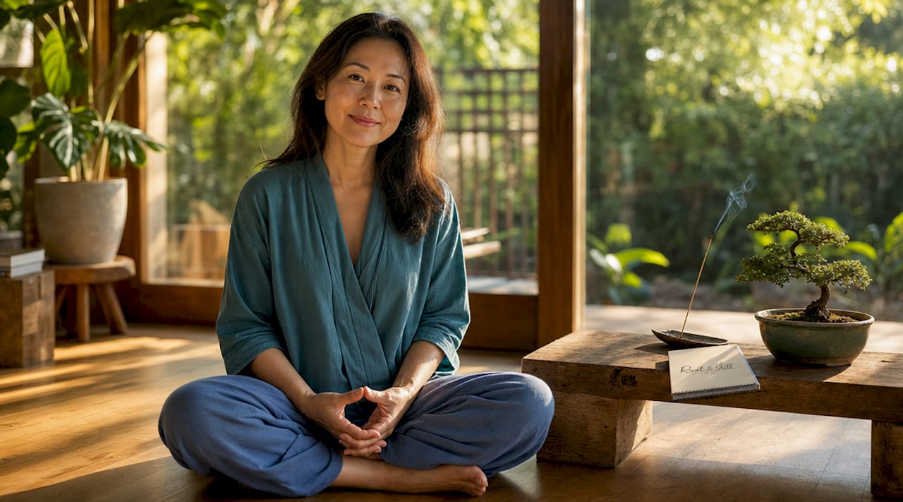 Woman meditating peacefully in traditional Japanese room