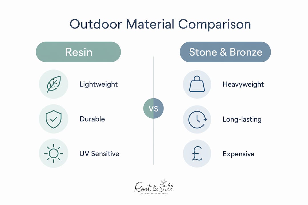 Infographic comparing resin and stone materials for outdoor statues