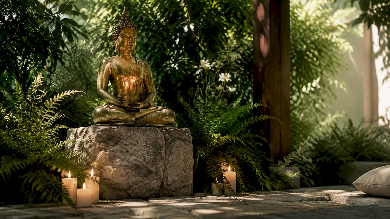 Gold-leaf Buddha statue in sunlit meditation corner