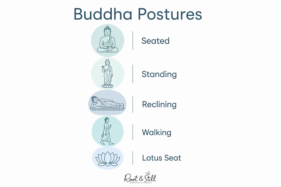 Infographic showing key Buddha postures and their meanings