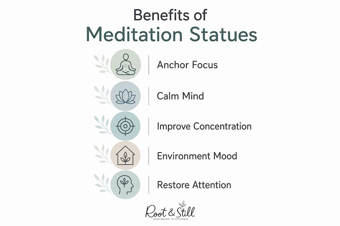 Infographic showing meditation statue benefits in vertical steps