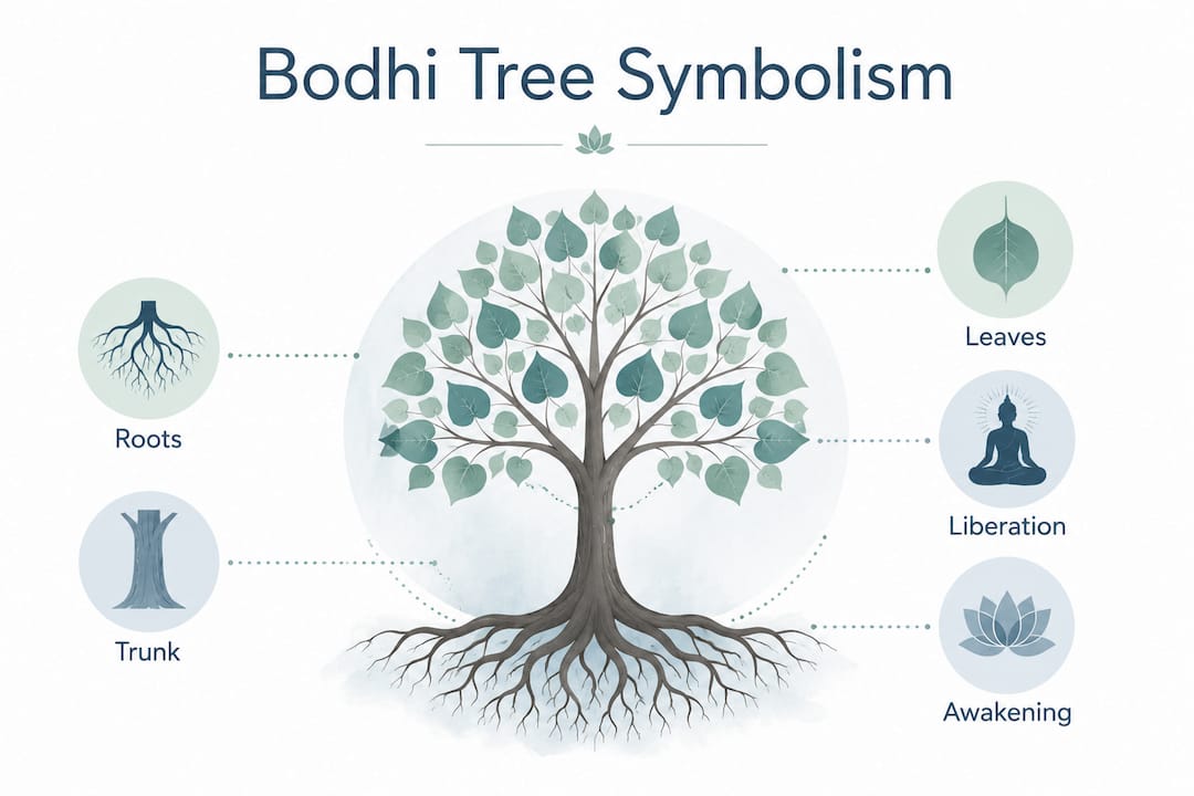 Infographic illustrating Bodhi Tree symbolism hierarchy