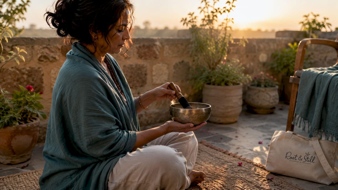 Woman meditating with Tibetan singing bowl indoors