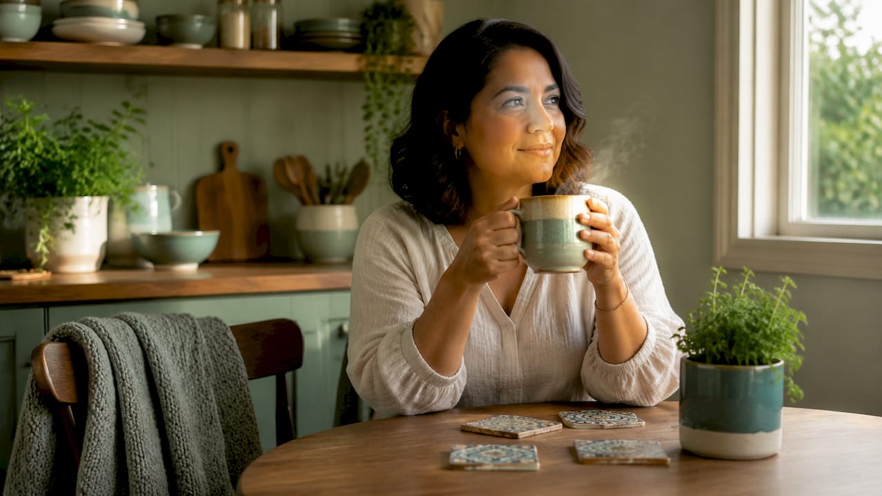 Woman enjoying slow morning tea ritual