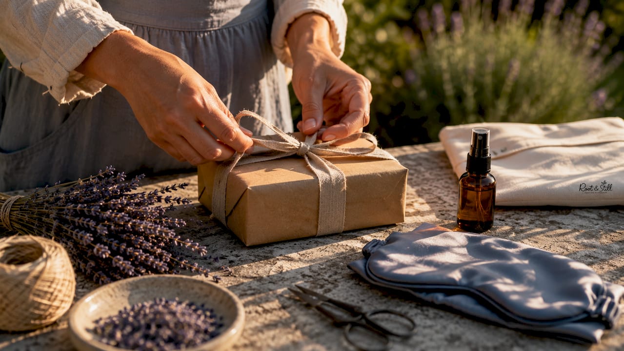 Hands wrapping mindful wellness gift