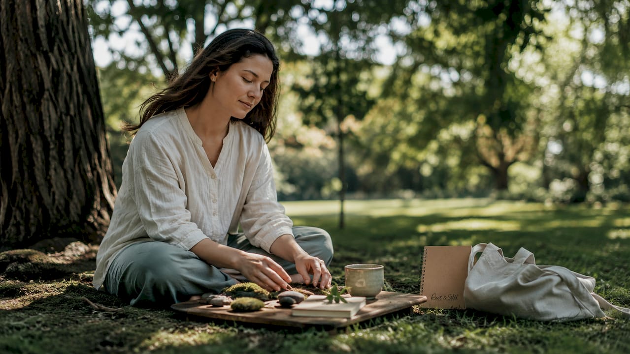 Woman practicing sensory grounding outdoors with natural objects