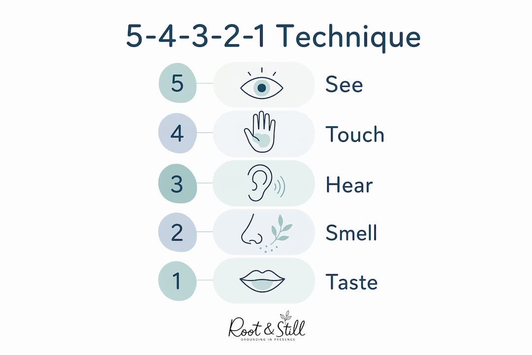 Infographic illustrating the 5-4-3-2-1 sensory grounding steps
