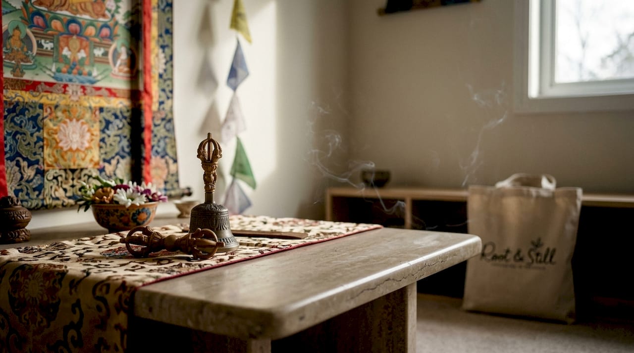 Tibetan Buddhist ritual altar setup in warm light