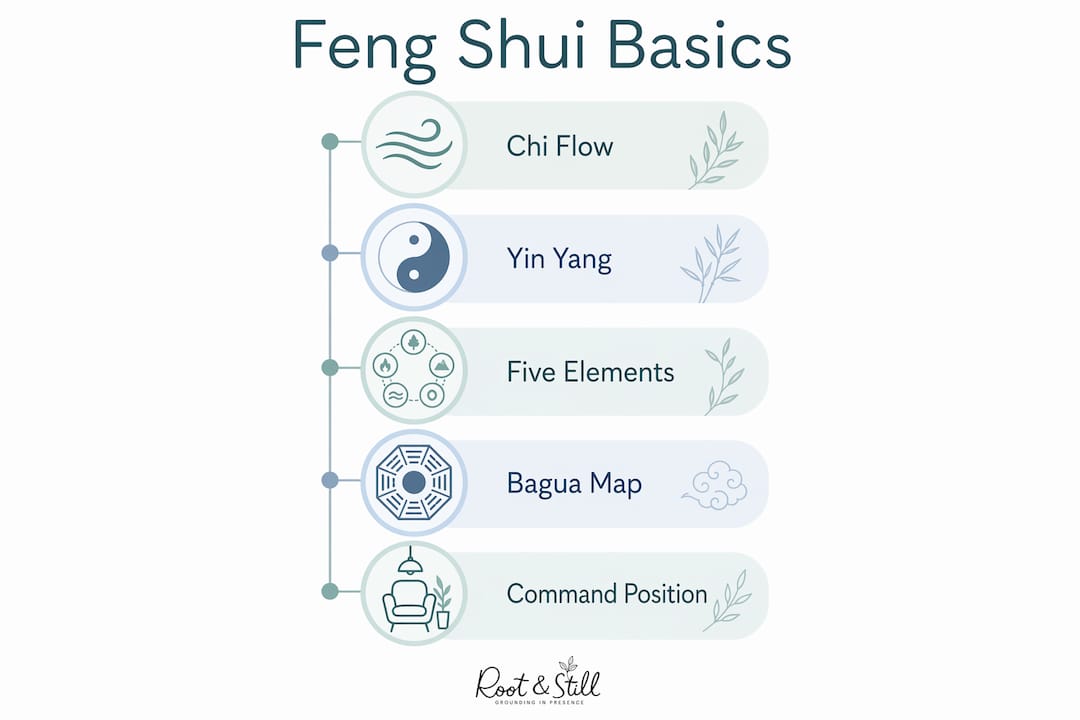 Infographic illustrating feng shui core principles in steps