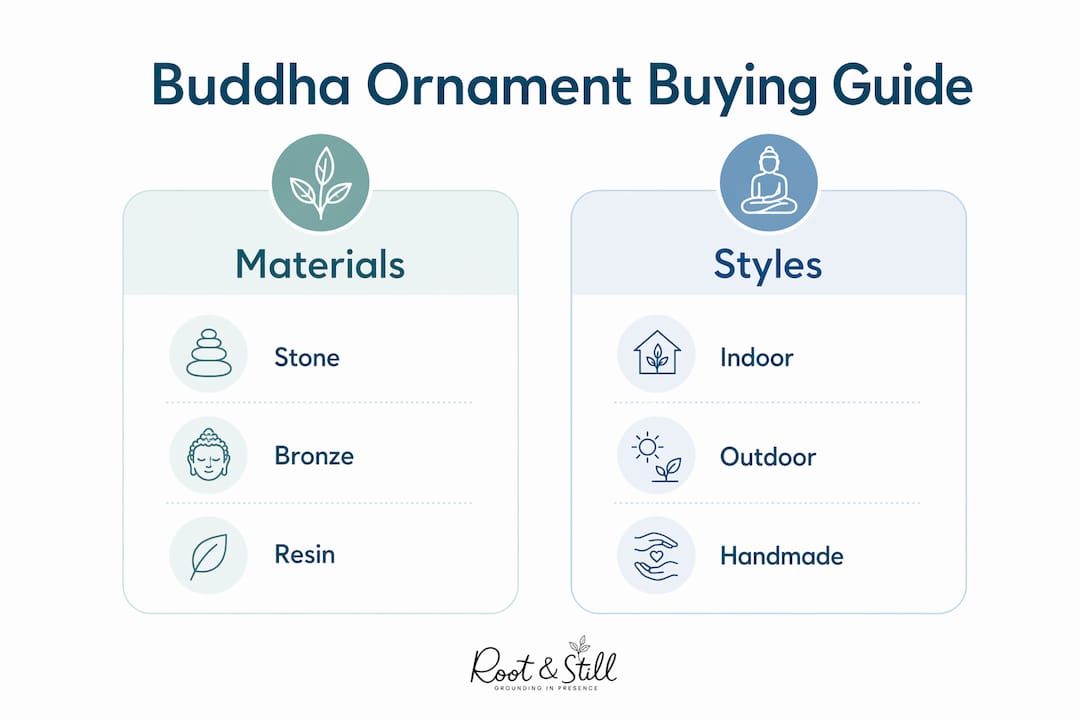 Infographic illustrating Buddha ornament materials and styles