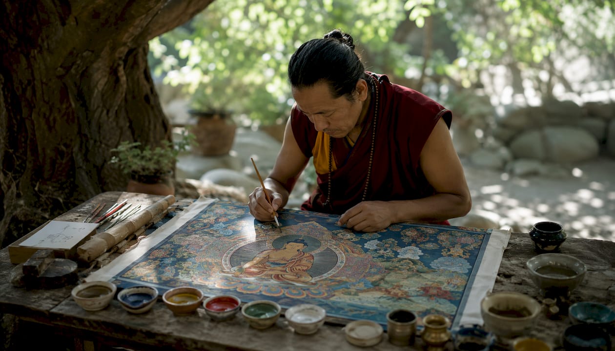 Artist painting detailed thangka with pigments