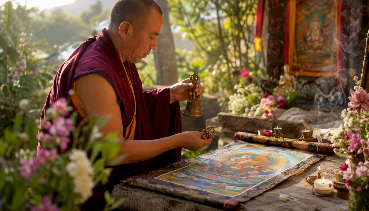 Lama consecrating completed thangka scroll in shrine