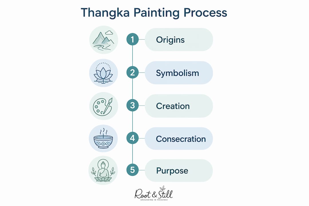 Infographic showing key stages of thangka painting process with simple labels
