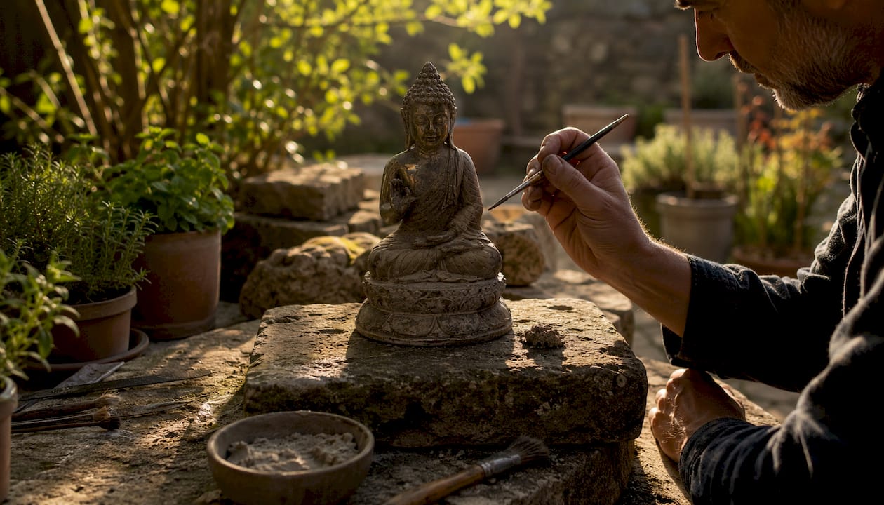 Close-up of statue chip repair preparation
