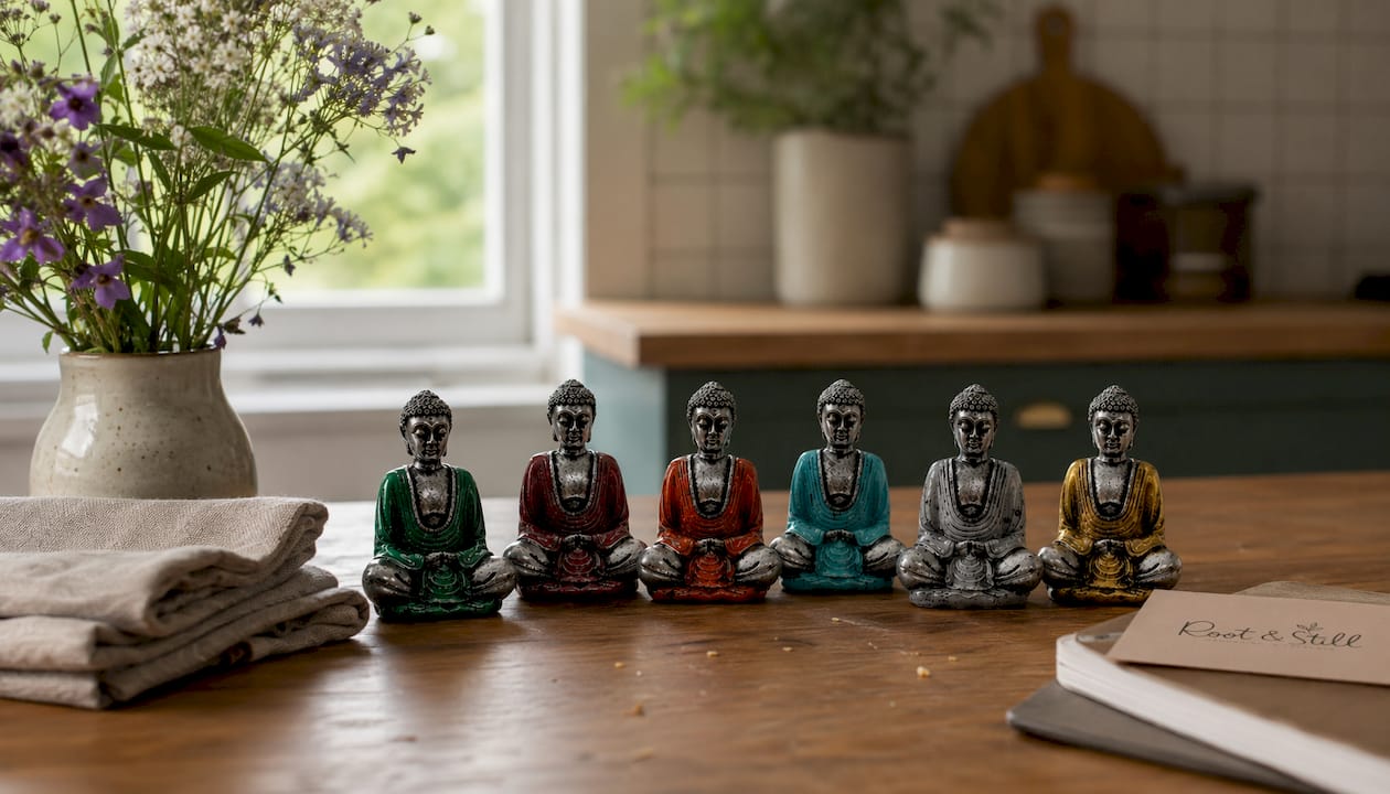 Resin figurines on shelf in living room