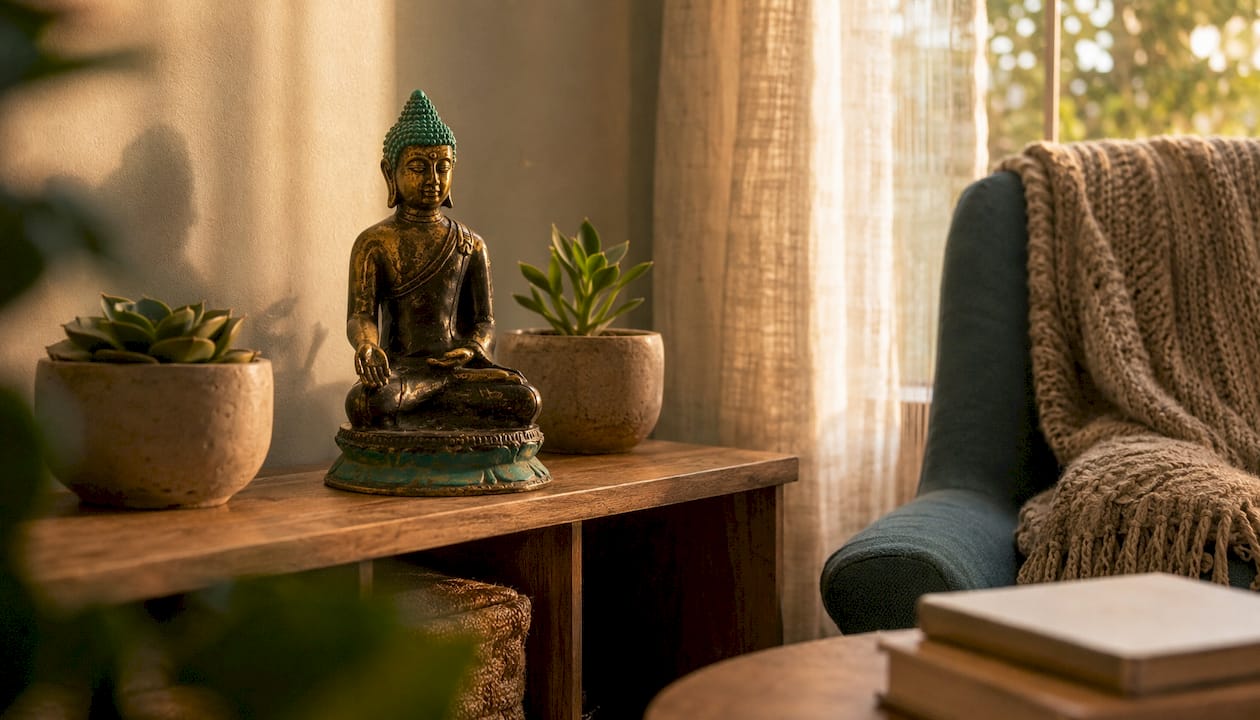 Living room Buddha statue on shelf