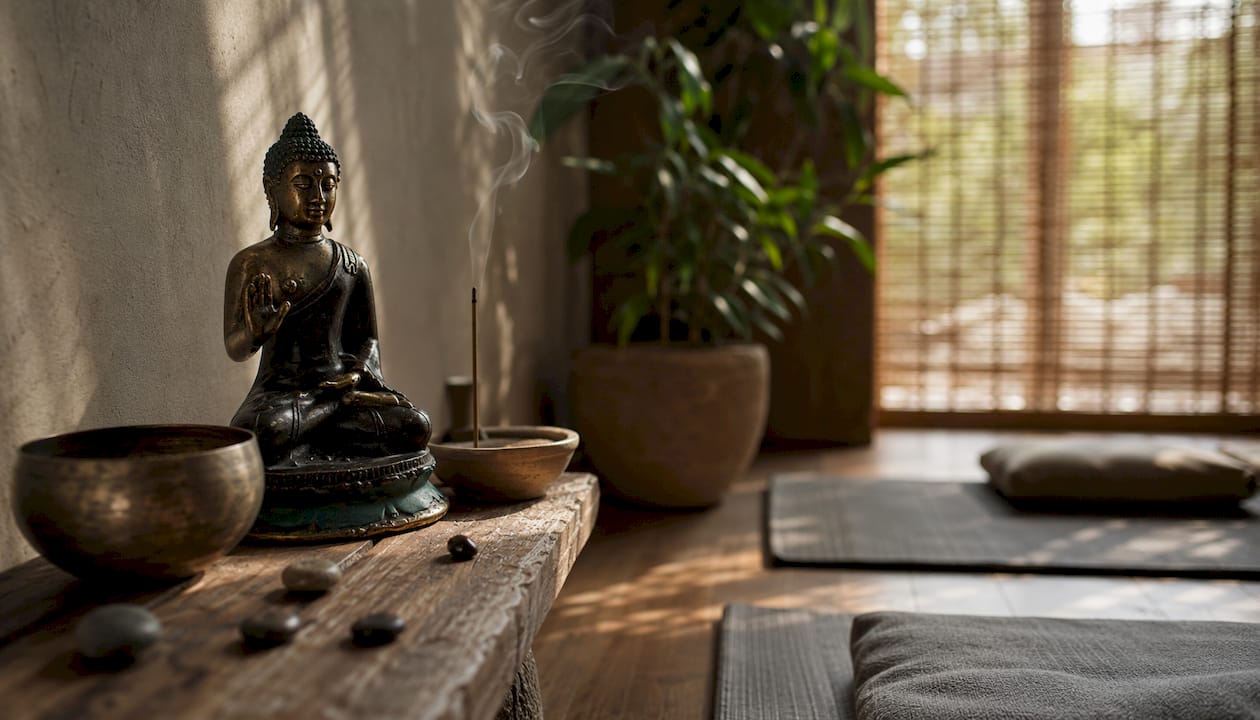 Bronze Buddha statue on meditation altar