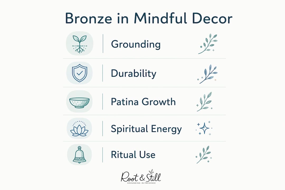 Infographic showing key benefits of bronze in spiritual decor