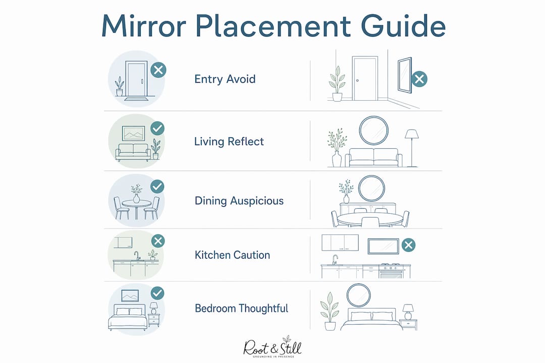 Infographic showing feng shui mirror placement tips