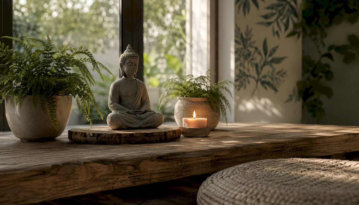 Meditation corner with Buddha statue and decor