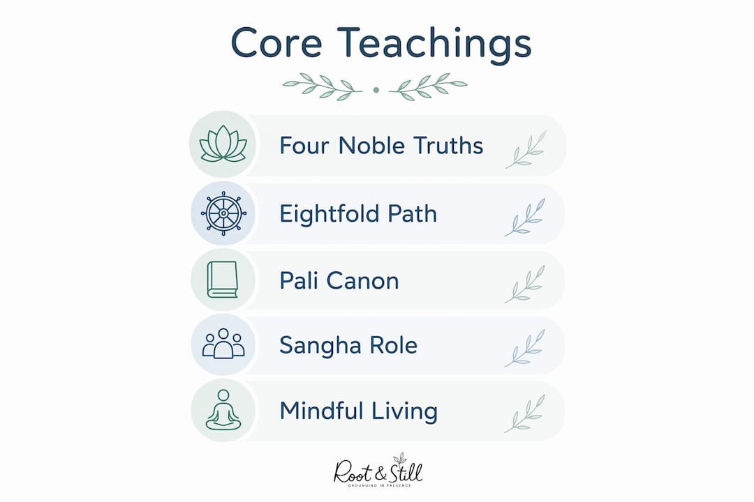 Infographic of Theravada Buddhism core teachings