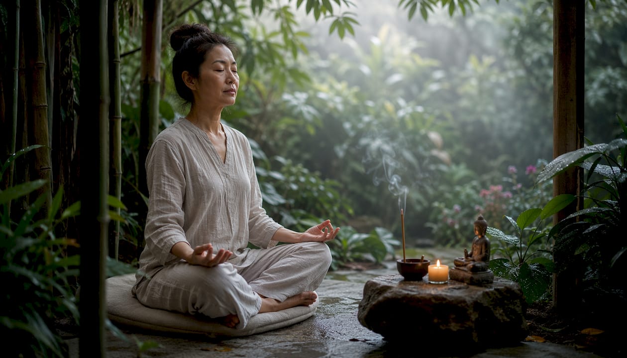 Woman meditating peacefully in minimalist room
