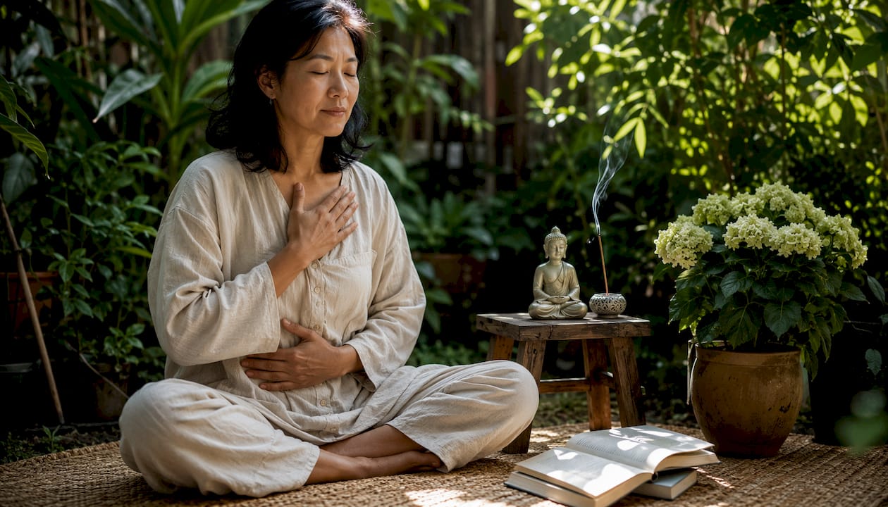 Woman meditating peacefully at home