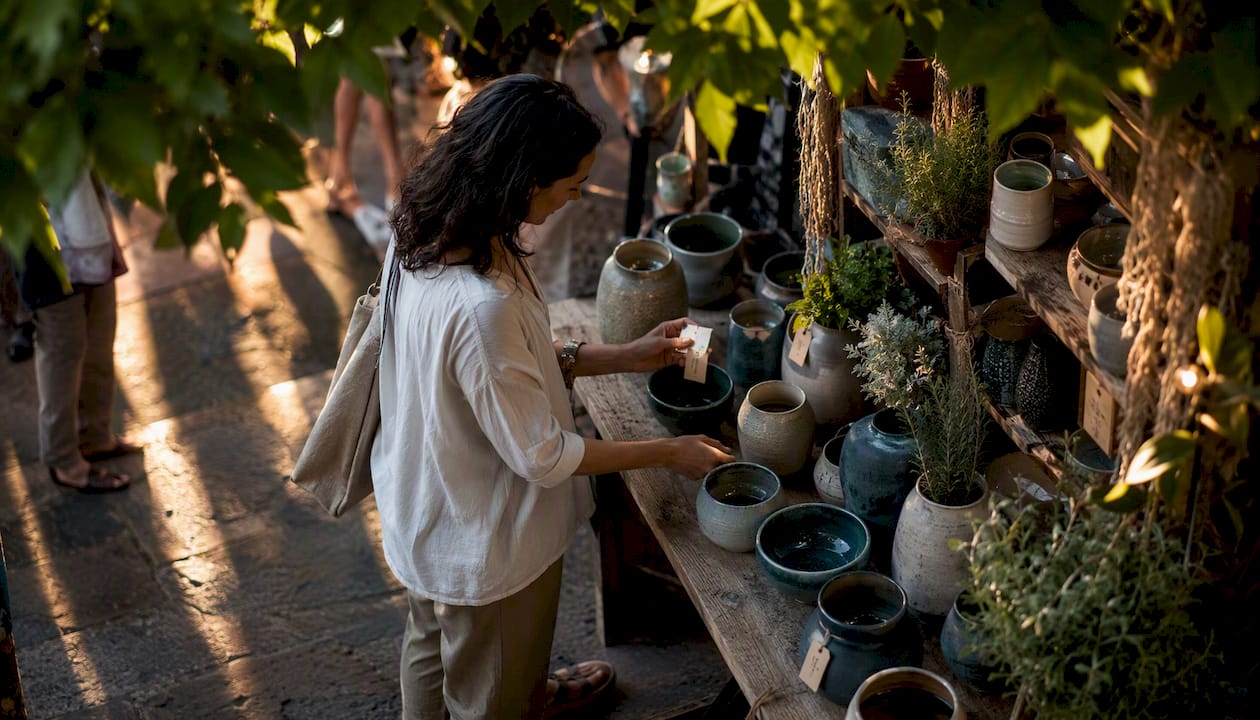 Woman shopping fair trade ceramics indoors