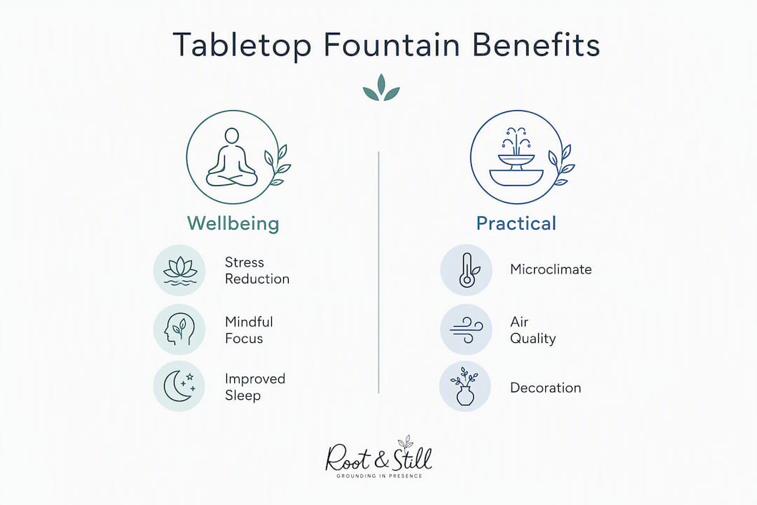 Infographic showing wellbeing and practical benefits of tabletop water fountains