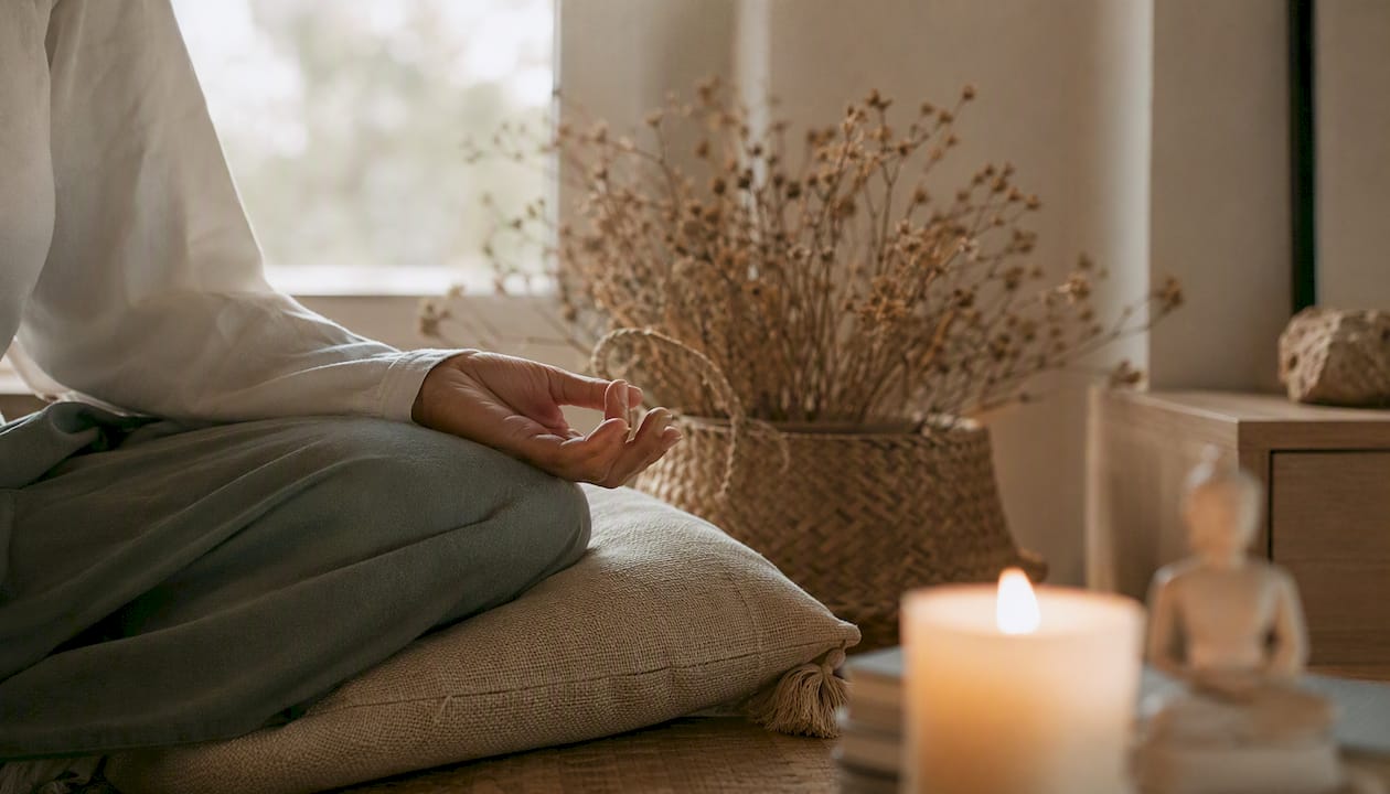 Hand resting during mindful pause in serene home corner