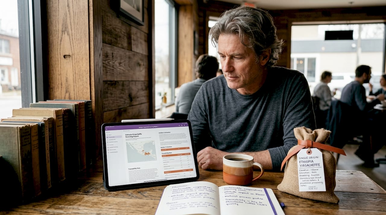 Man reviewing coffee sourcing at kitchen table