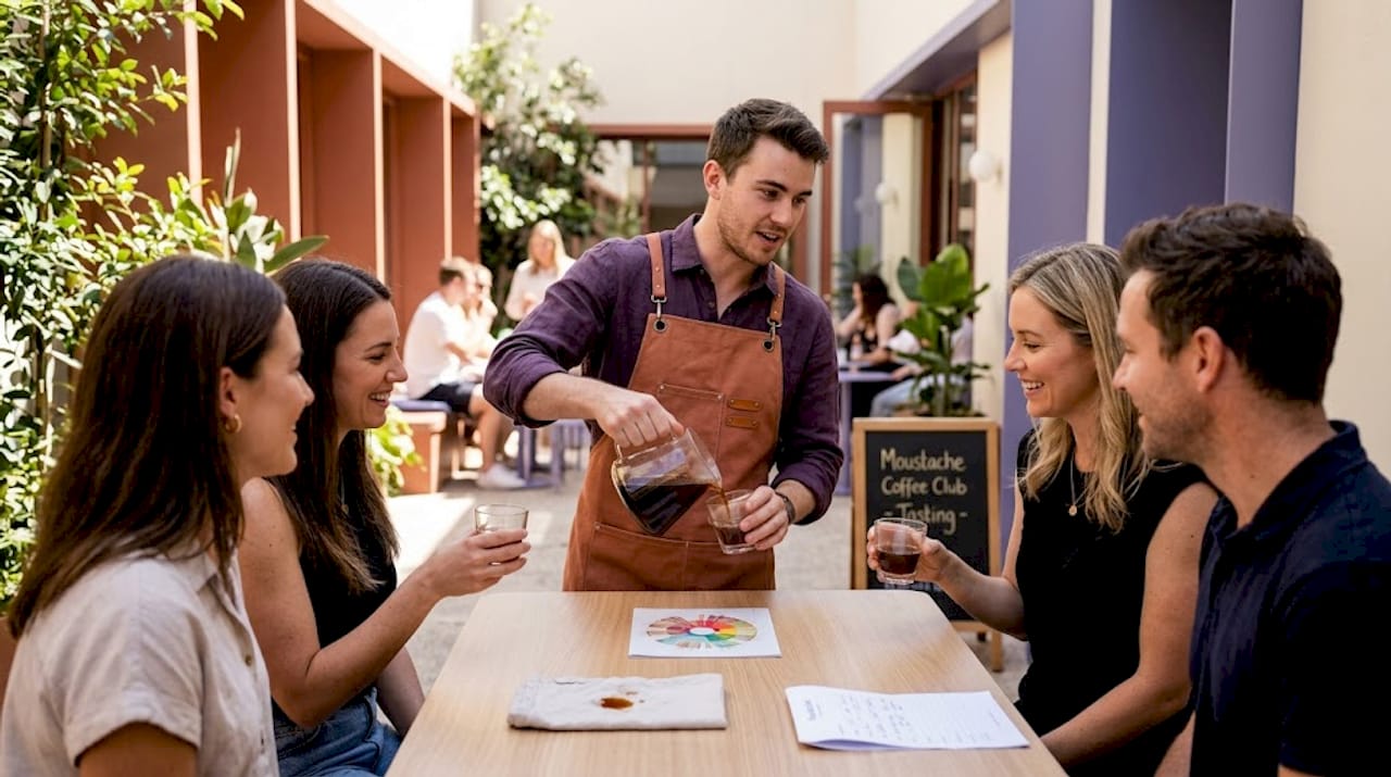 Barista leading coffee tasting class in café