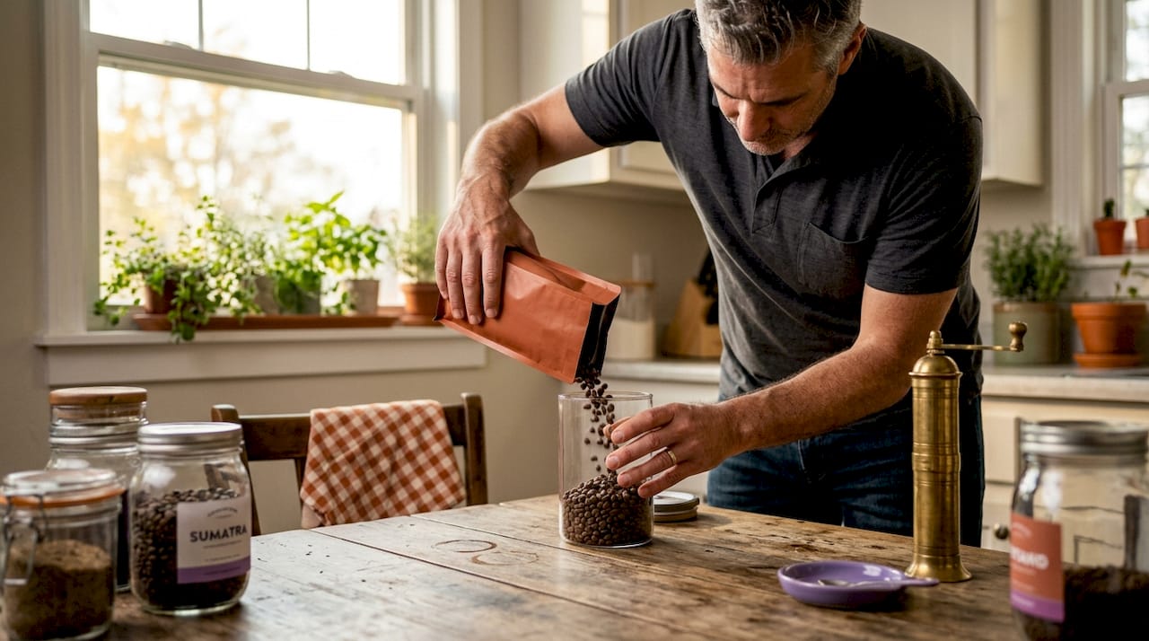 Coffee beans stored in kitchen container