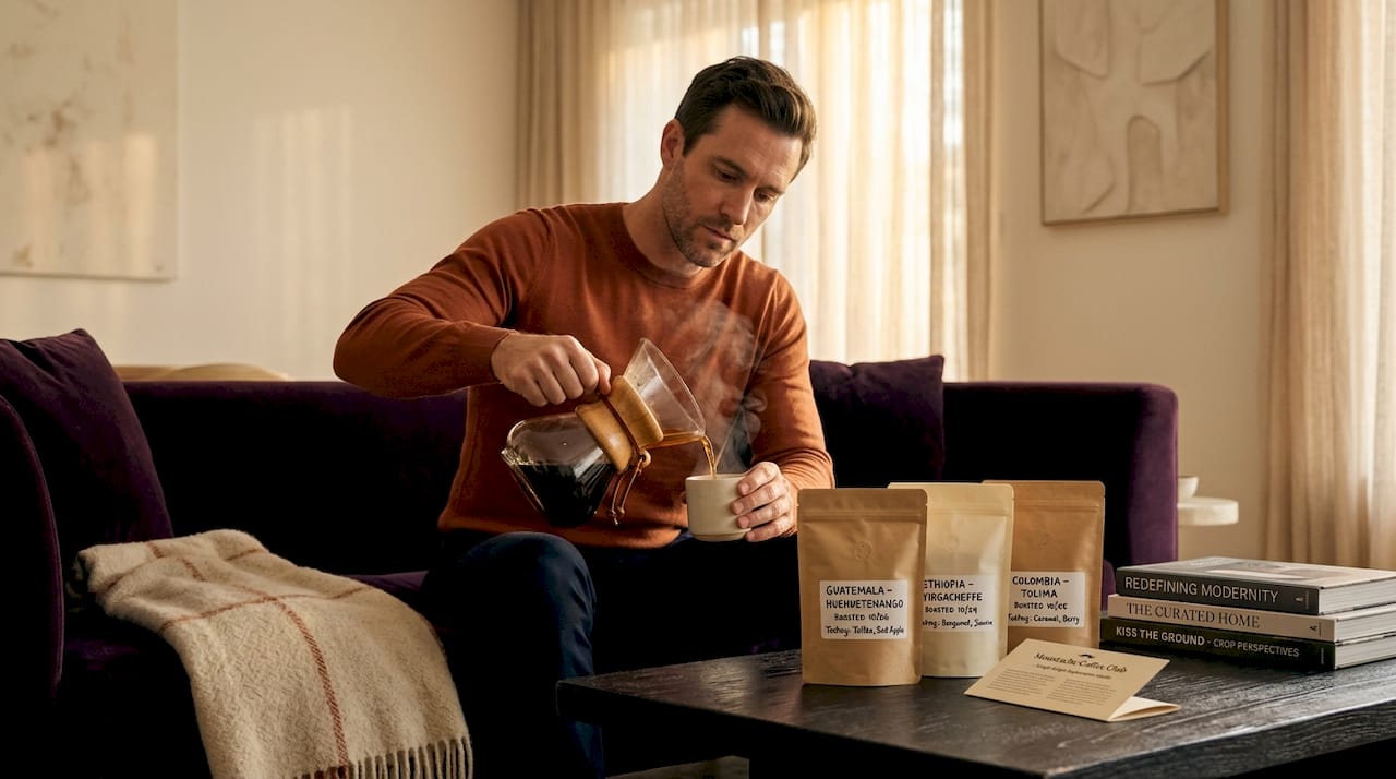 Man tasting subscription coffee in living room