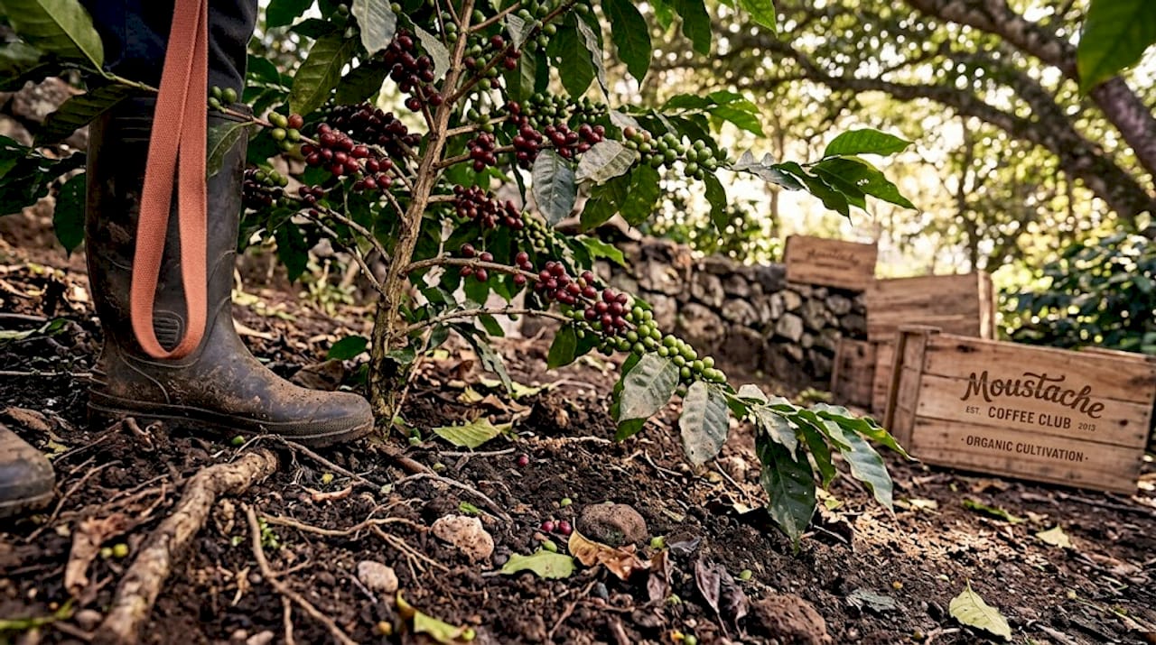 Volcanic soil beneath coffee plants hillside