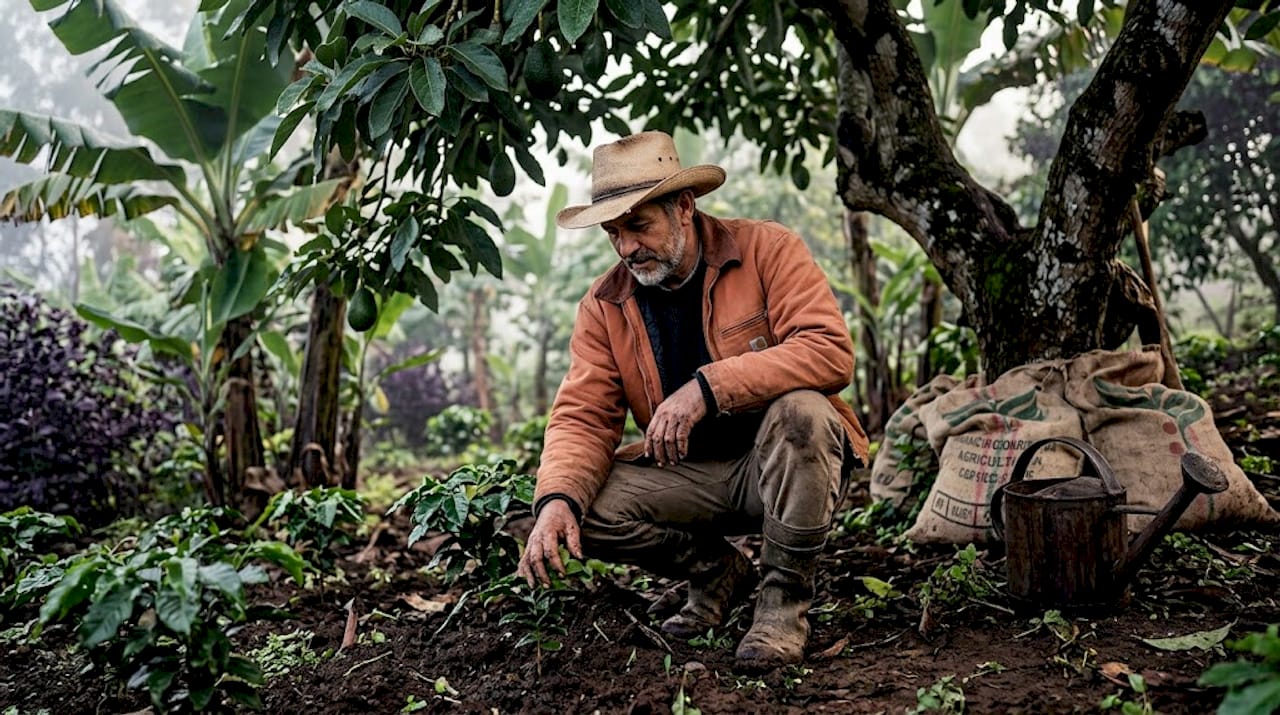 Farmer tending coffee in shaded agroforest