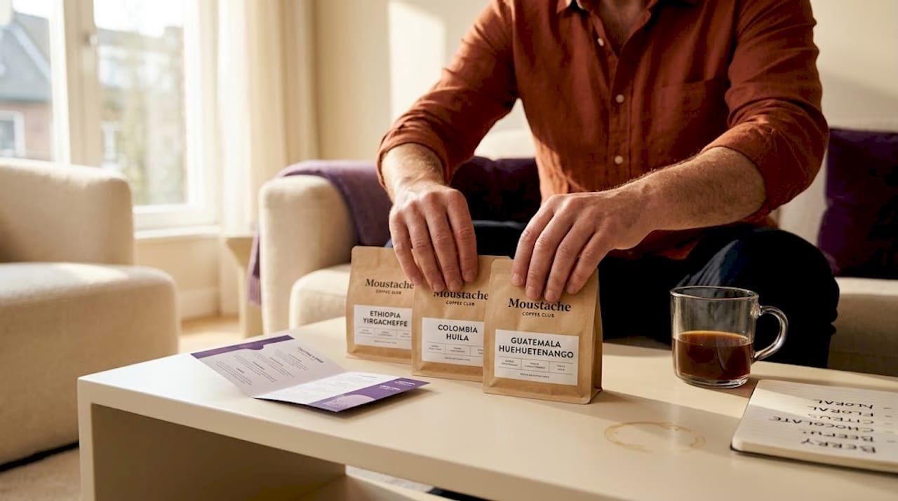 Coffee sampler bags and tasting notes on table