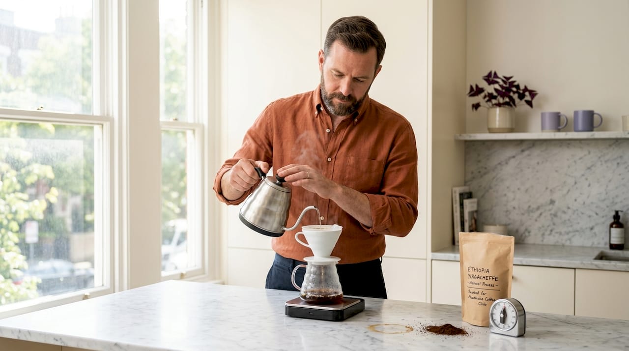 Man brewing pour-over coffee at home counter
