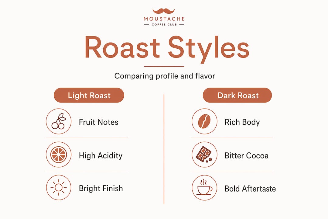 Infographic comparing light and dark coffee roast styles