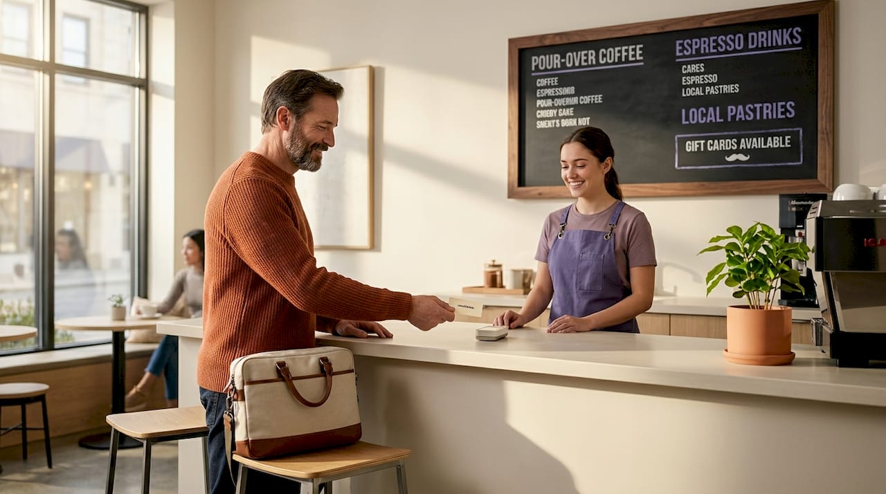 Man ordering coffee using a gift card