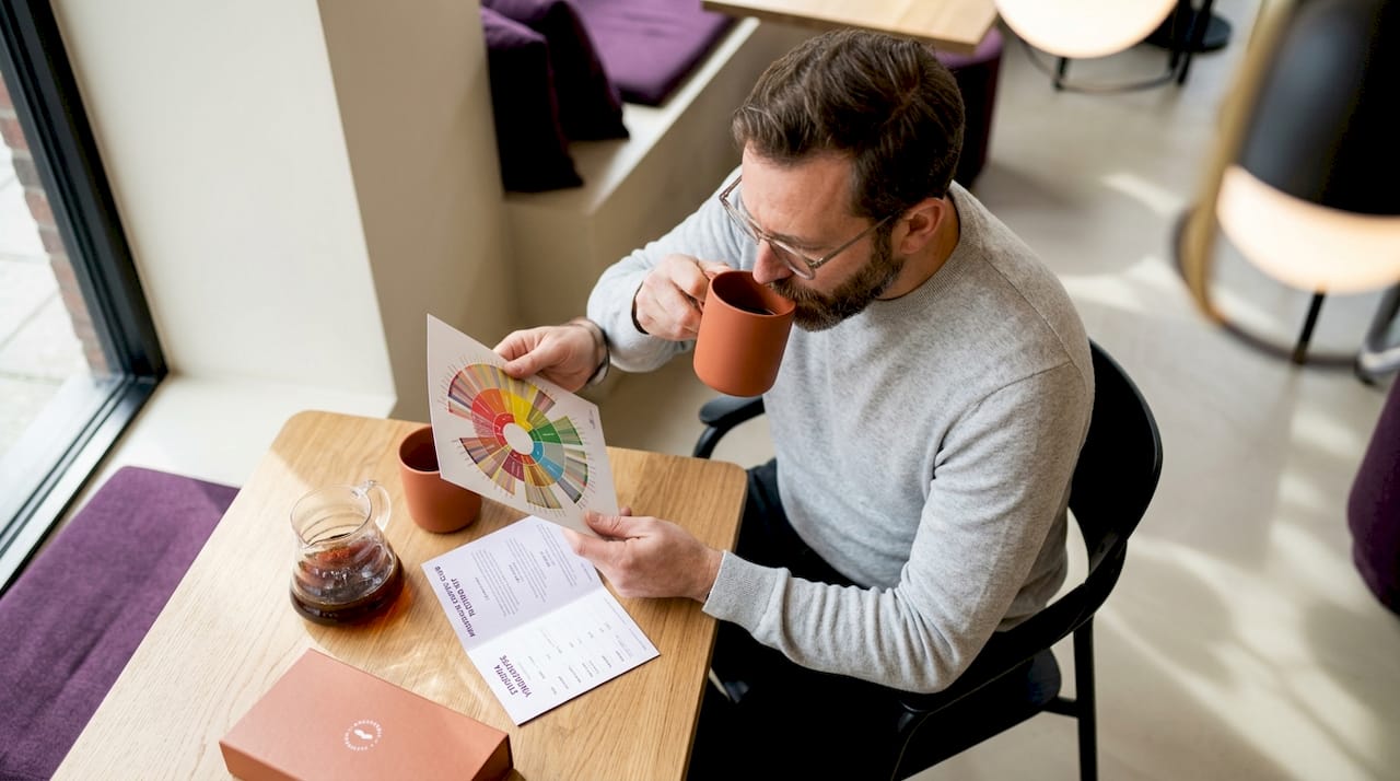 Man using flavor wheel with coffee kit