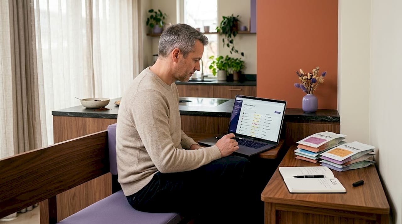 Person checking coffee ratings dashboard on laptop