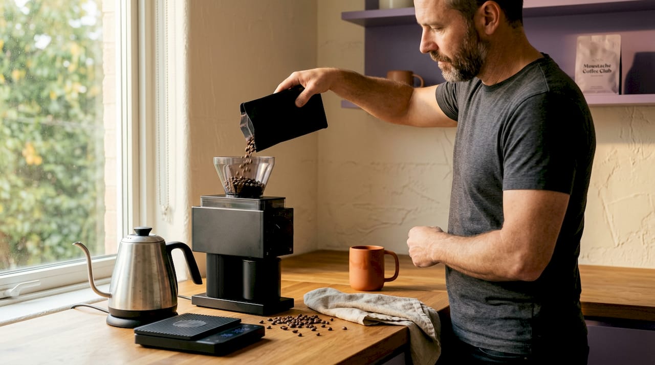 Pouring whole bean coffee into grinder at home