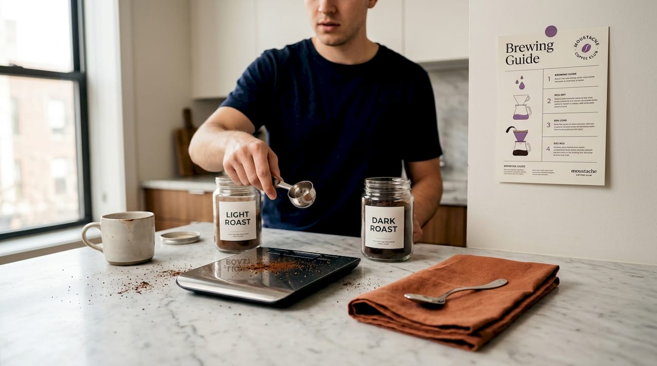 Man measuring coffee with scoop and kitchen scale