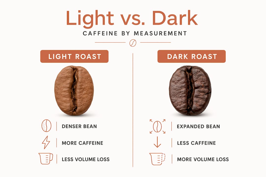Infographic comparing light and dark roast caffeine content