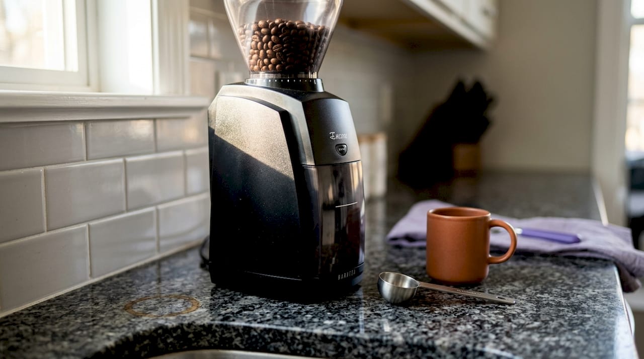 Close-up of Baratza Encore burr grinder on counter