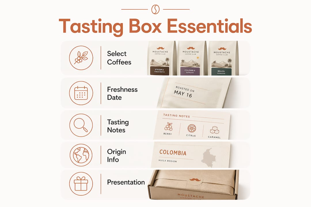 Infographic detailing key components of quality coffee tasting boxes