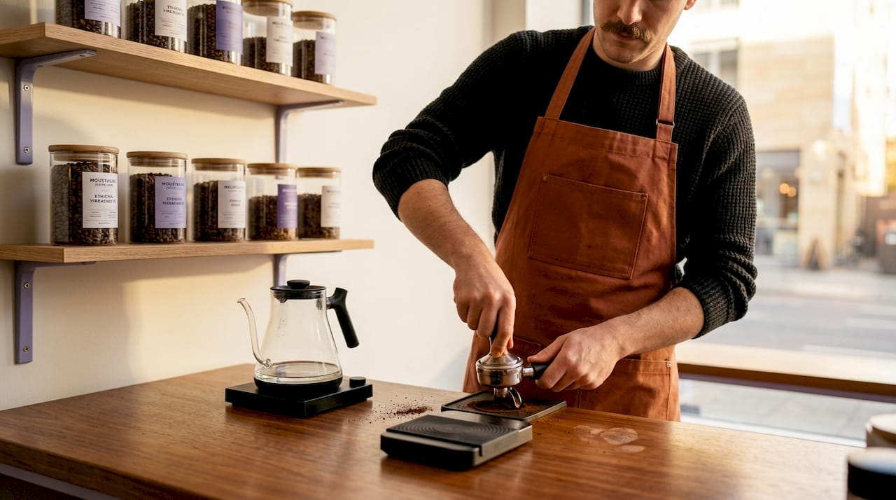 Barista tamping espresso grounds precisely